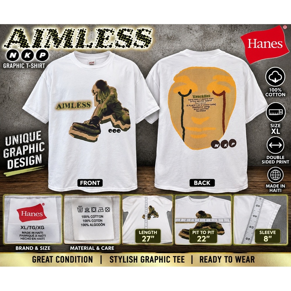 Hanes Aimless NKP Graphic T-Shirt White XL Double Sided Streetwear Tee